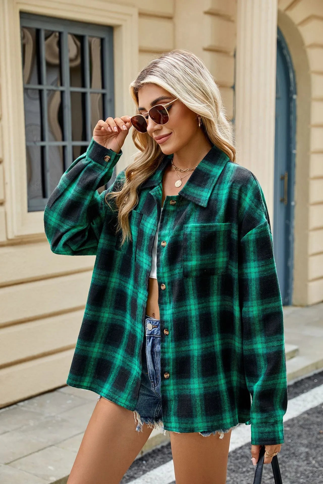 Wool Striped Long Sleeve Style Shirt Coat Women